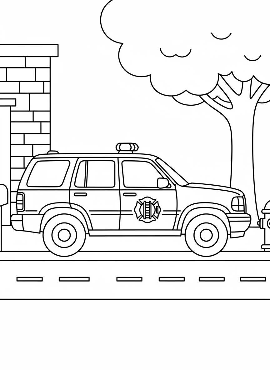 A fire chief's car with emergency lights and official emblems, simple side view with clear details suitable for young kids