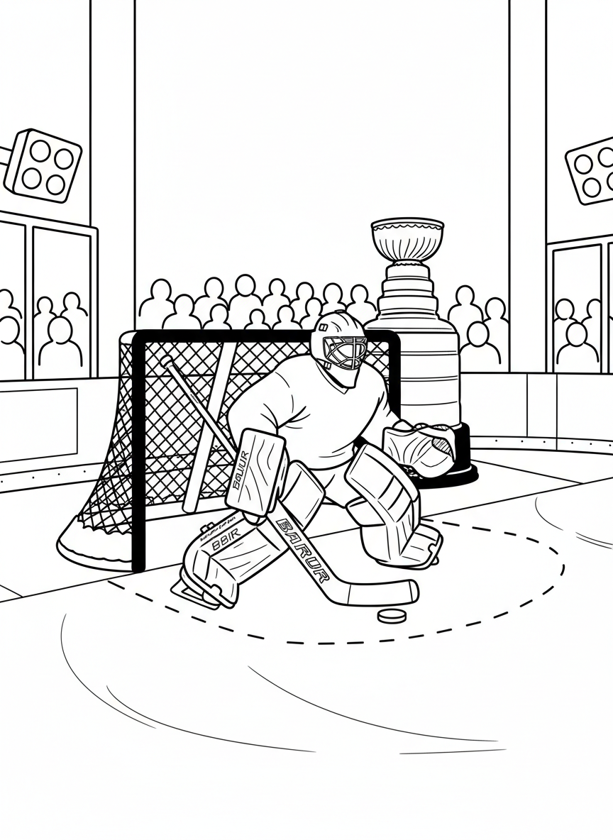 A hockey goalie in full gear crouching in ready position in front of the net, with the Stanley Cup trophy visible in the background.
