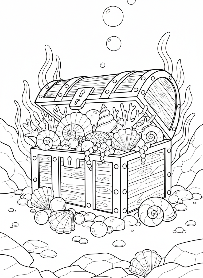 A mermaid's treasure chest overflowing with various seashells, pearls, and small pieces of coral, open on the seafloor.