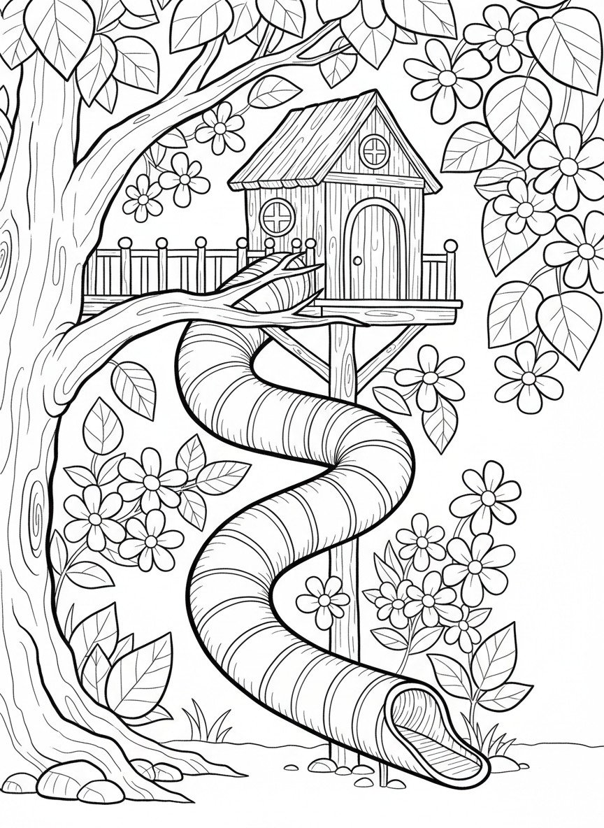 A treehouse with a long curvy slide spiraling down to the ground, surrounded by leafy branches and flowers below