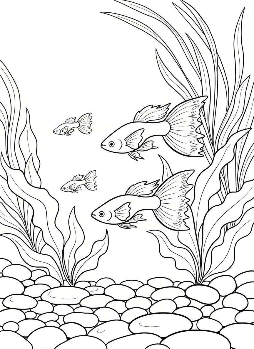 Three guppies of different sizes playing together near aquarium plants and pebbles on the bottom, simple scene