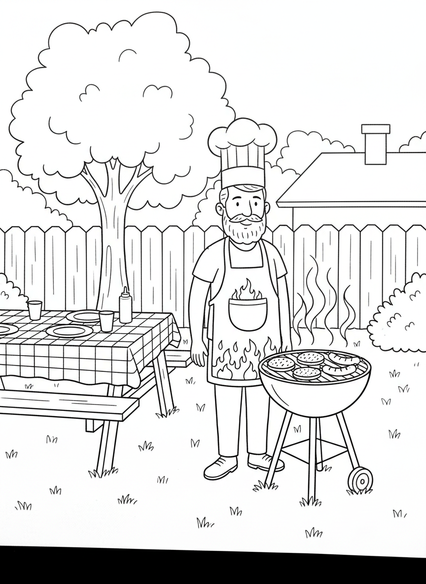 A dad grilling hamburgers and hot dogs at a backyard barbecue, wearing an apron and chef hat, with a picnic table nearby