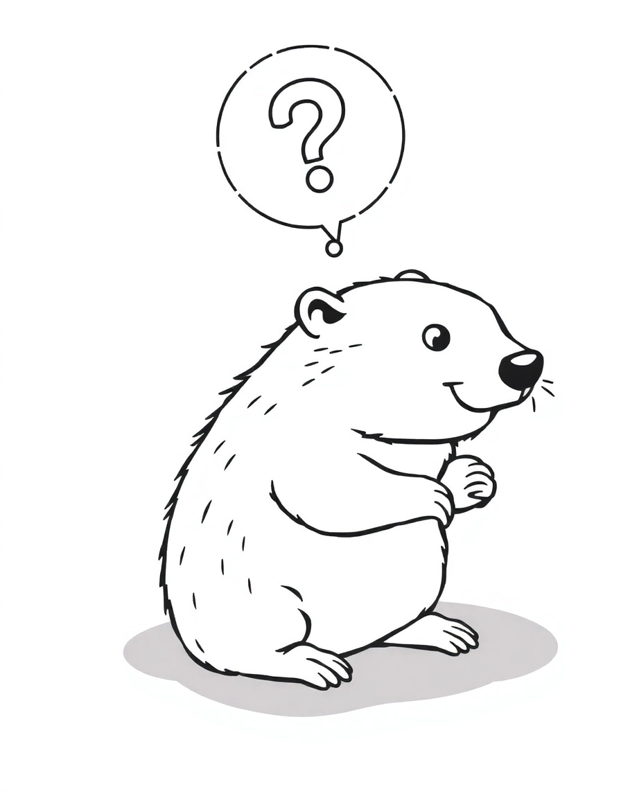 Groundhog Day: Shadow Mystery: A groundhog looking down at his own dark shadow on the ground with a big question mark floating above his head.