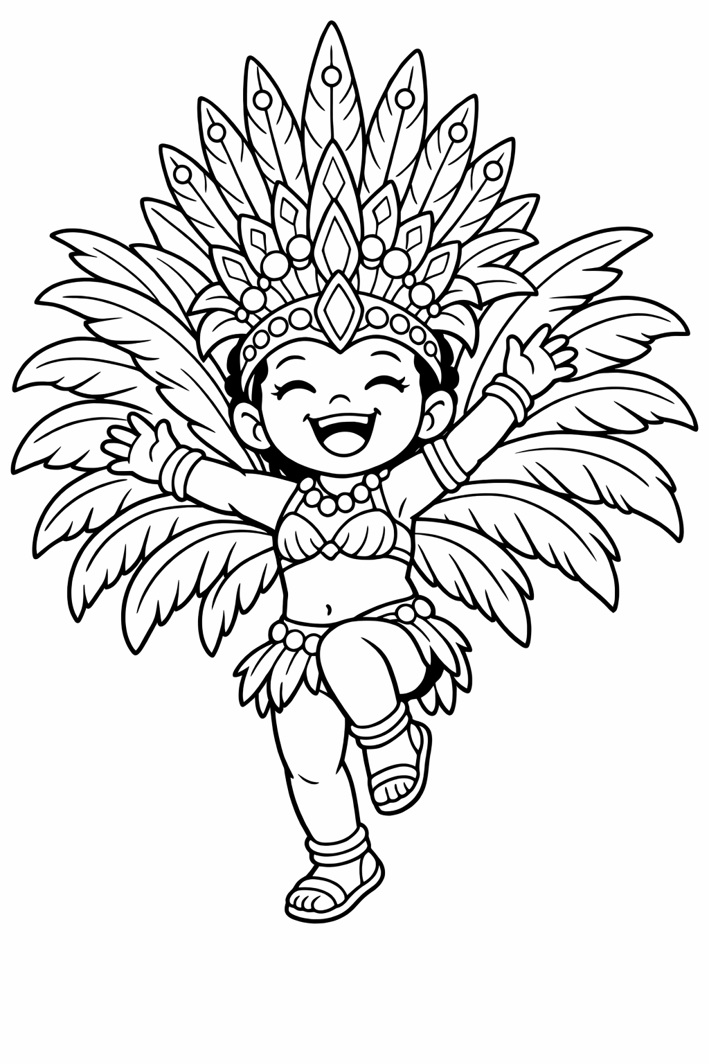 Little Samba Dancer: A happy child dancing enthusiastically, wearing a giant, elaborate costume with huge feathered wings on their back and a tall, sparkling headdress.