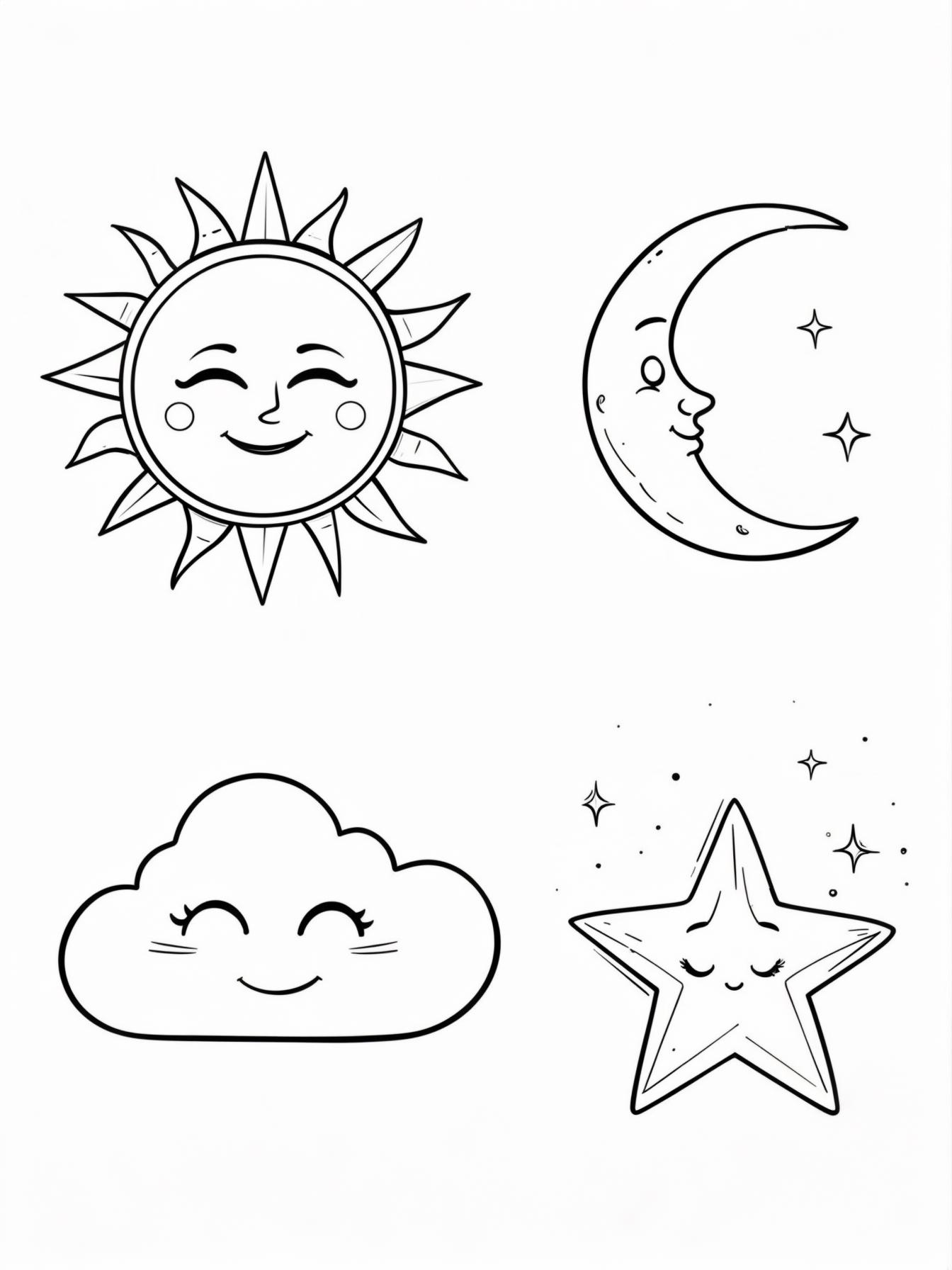 A "Weather Friends" page featuring a smiling sun, a sleepy moon, a fluffy cloud, and a sparkly star all side-by-side.