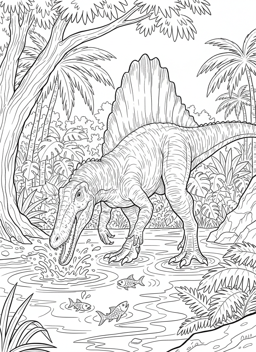 A Spinosaurus with a large sail on its back, standing in shallow water catching fish with its long snout.