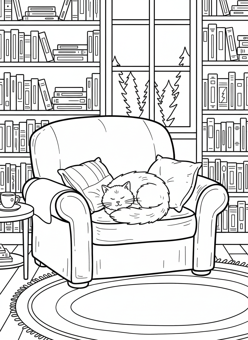 A cozy library interior with bookshelves, a reading chair, and a cat sleeping on cushions, detailed scene
