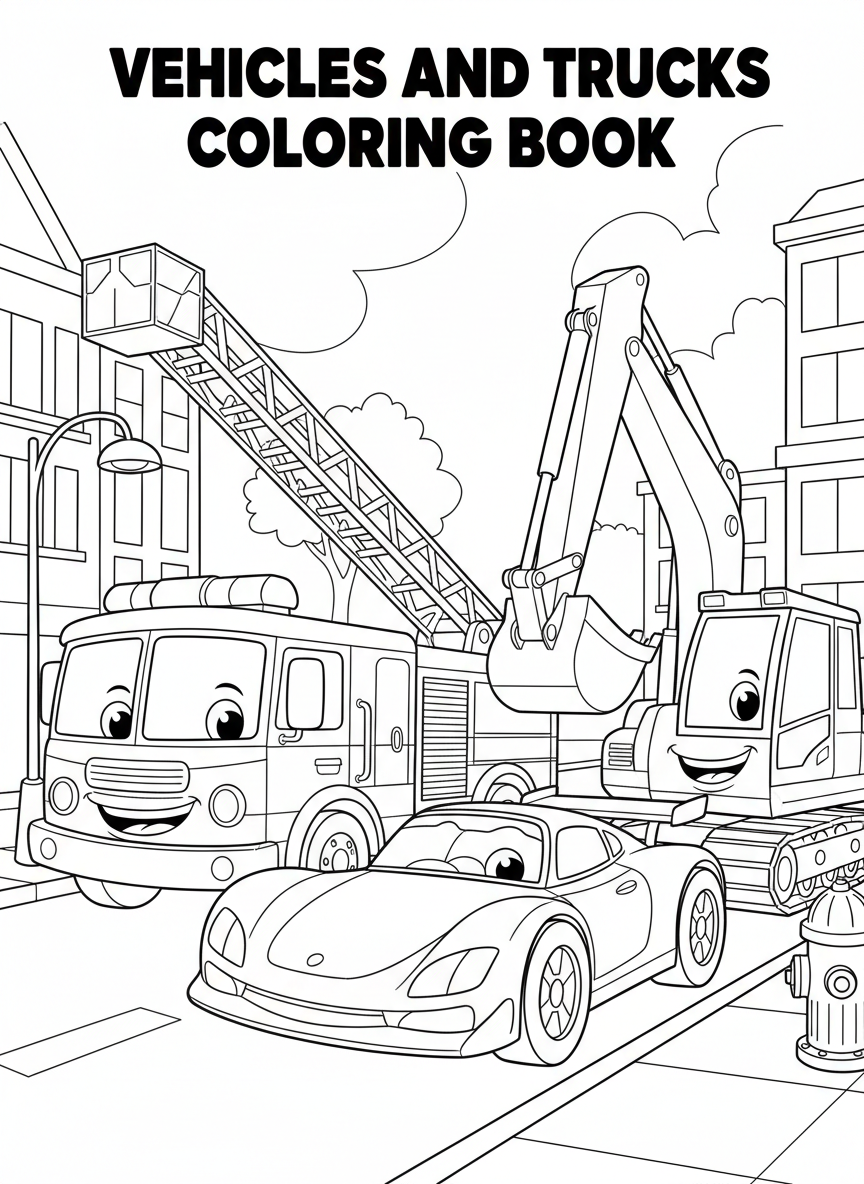 Vehicles and trucks coloring book cover, full-color illustration with a smiling fire truck, race car, and digger on a city street. Title-safe area at top.