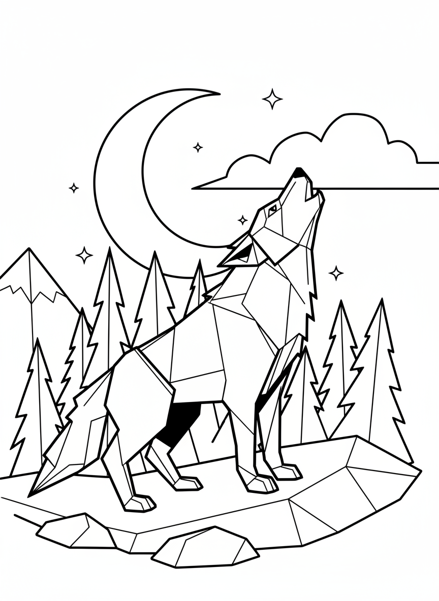 An origami wolf howling at a crescent moon, featuring angular paper-fold features and geometric fur texture lines, medium difficulty.