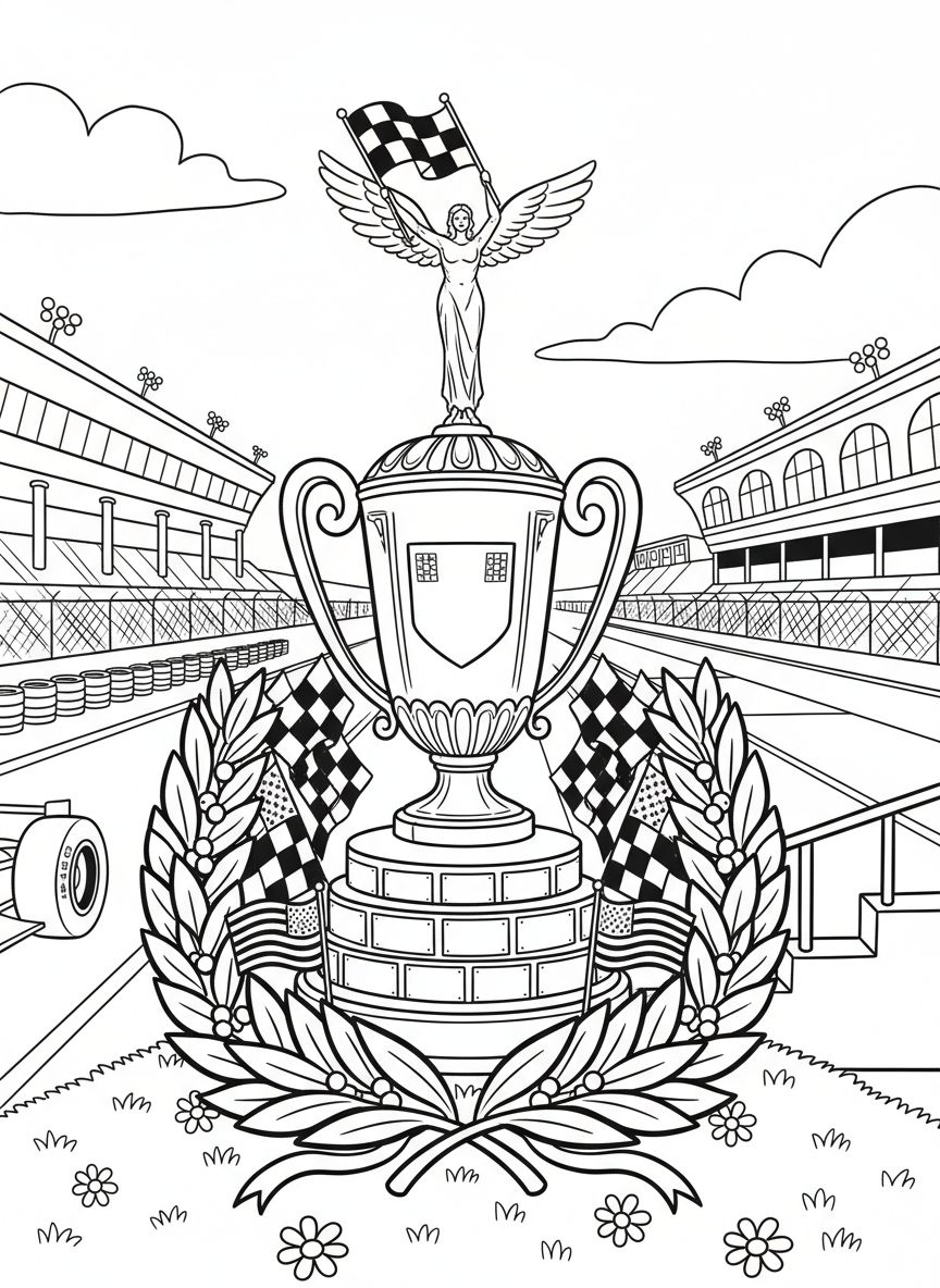 The iconic Indy 500 trophy with its detailed base and figure on top, surrounded by laurel wreaths and racing flags.