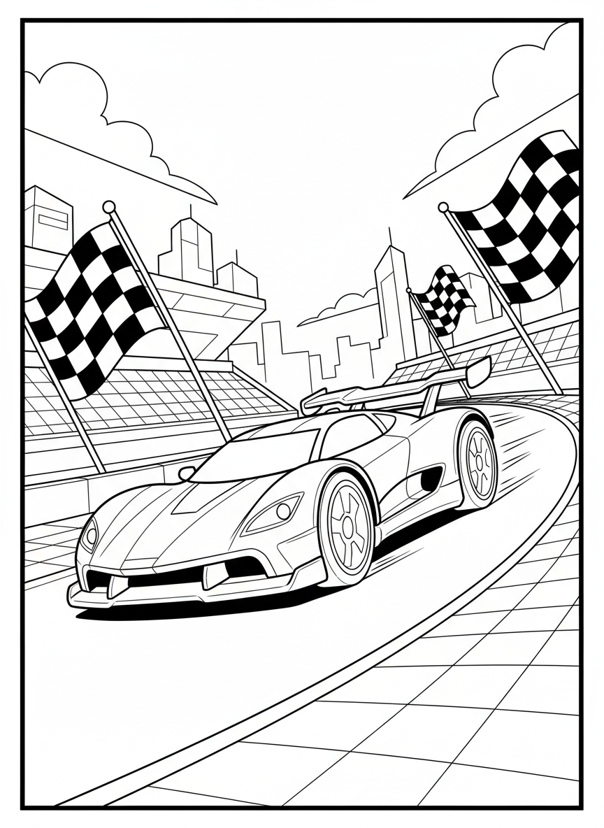 A sleek racing robot car with wheels and spoiler zooming along a racetrack with checkered flags.