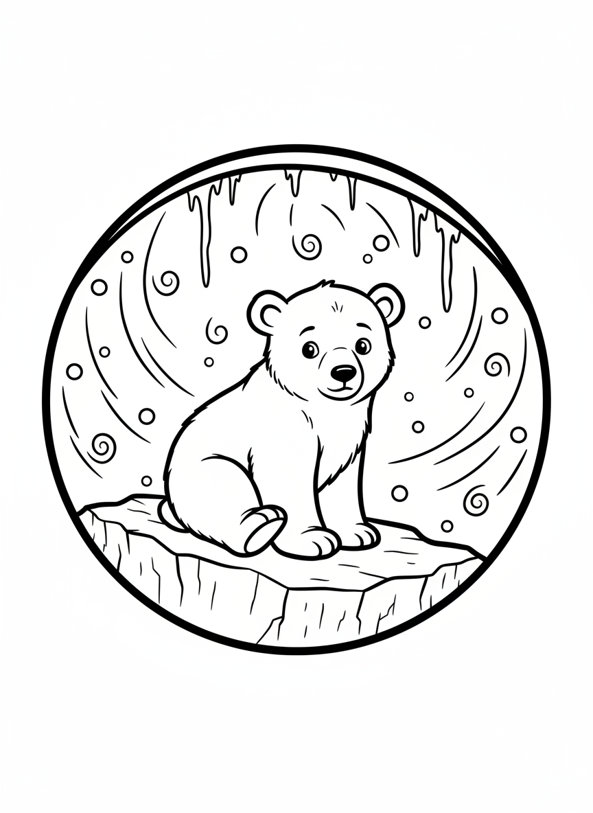 A playful snow globe with a polar bear cub sitting on an ice block, surrounded by swirling snow and tiny icicles hanging inside.