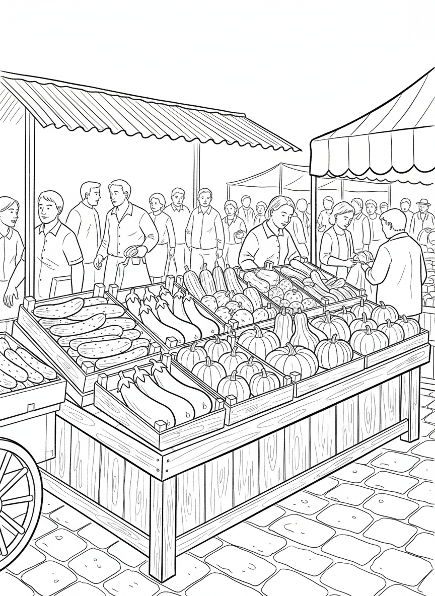 Colorful vegetable market stand displaying cucumbers, eggplants, and squash in crates and baskets, busy scene with lots of detail