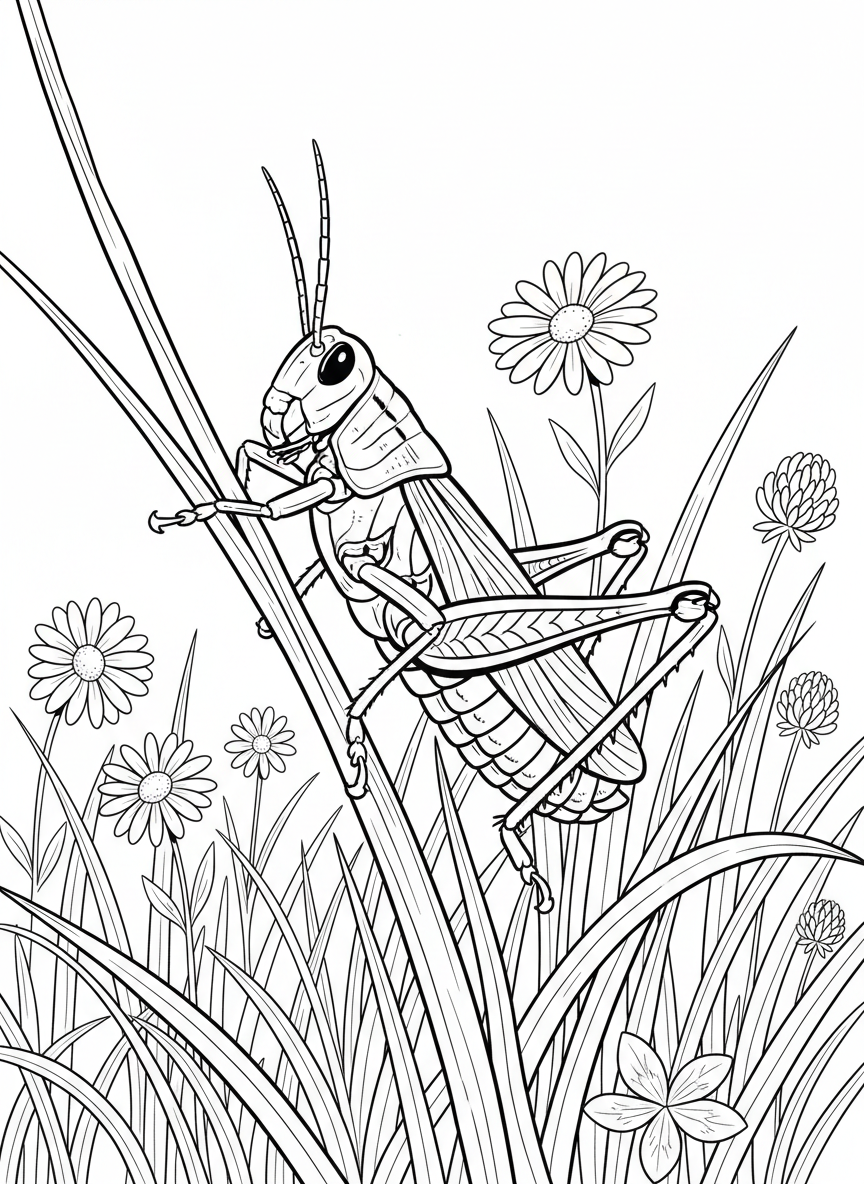 A grasshopper sitting in tall grass with wildflowers, showing its powerful back legs ready to jump.