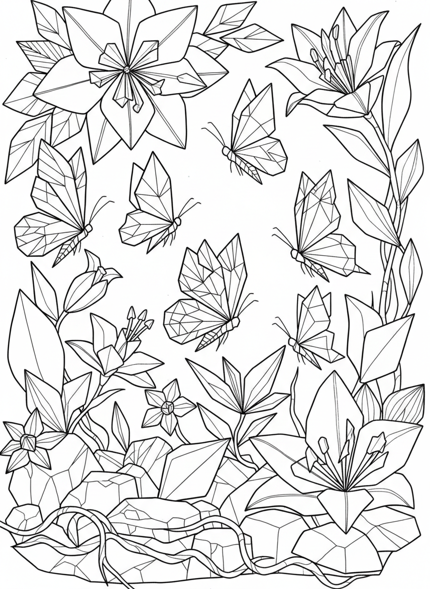 A group of origami butterflies with geometric wing patterns flying around paper-folded jungle flowers, varied sizes and positions.
