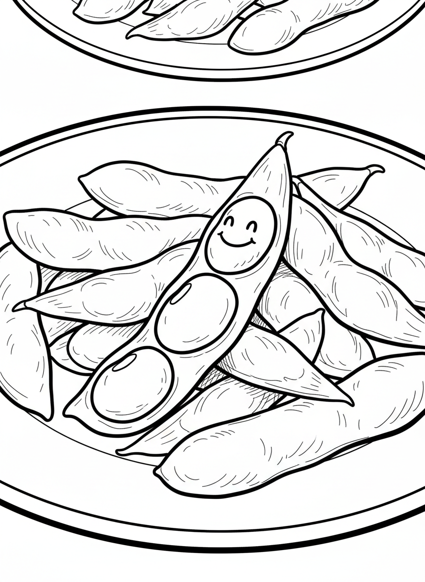 A smiling edamame pod with beans peeking out, surrounded by other edamame pods on a small dish