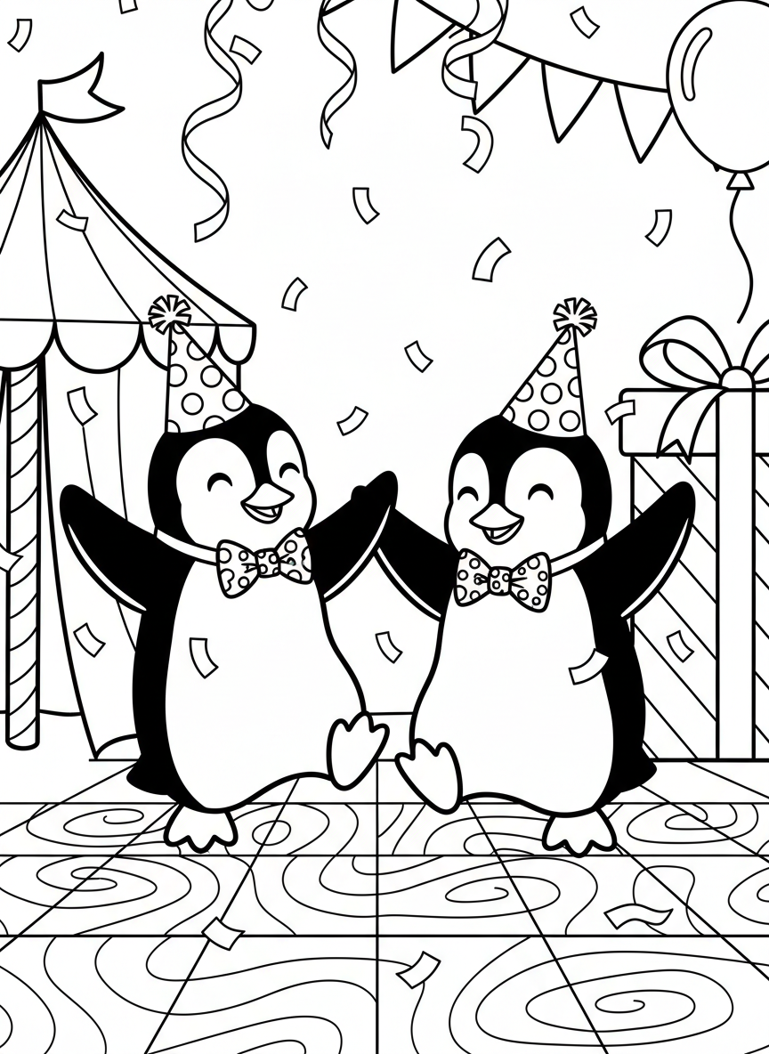 Two friendly penguins wearing party hats and bow ties, dancing together with confetti falling around them