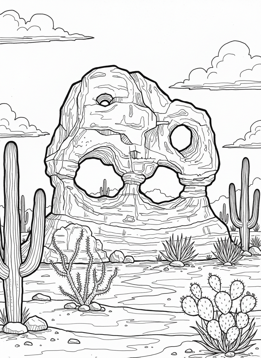 Papago Park's distinctive red rock formations with holes, surrounded by desert vegetation and a clear sky background