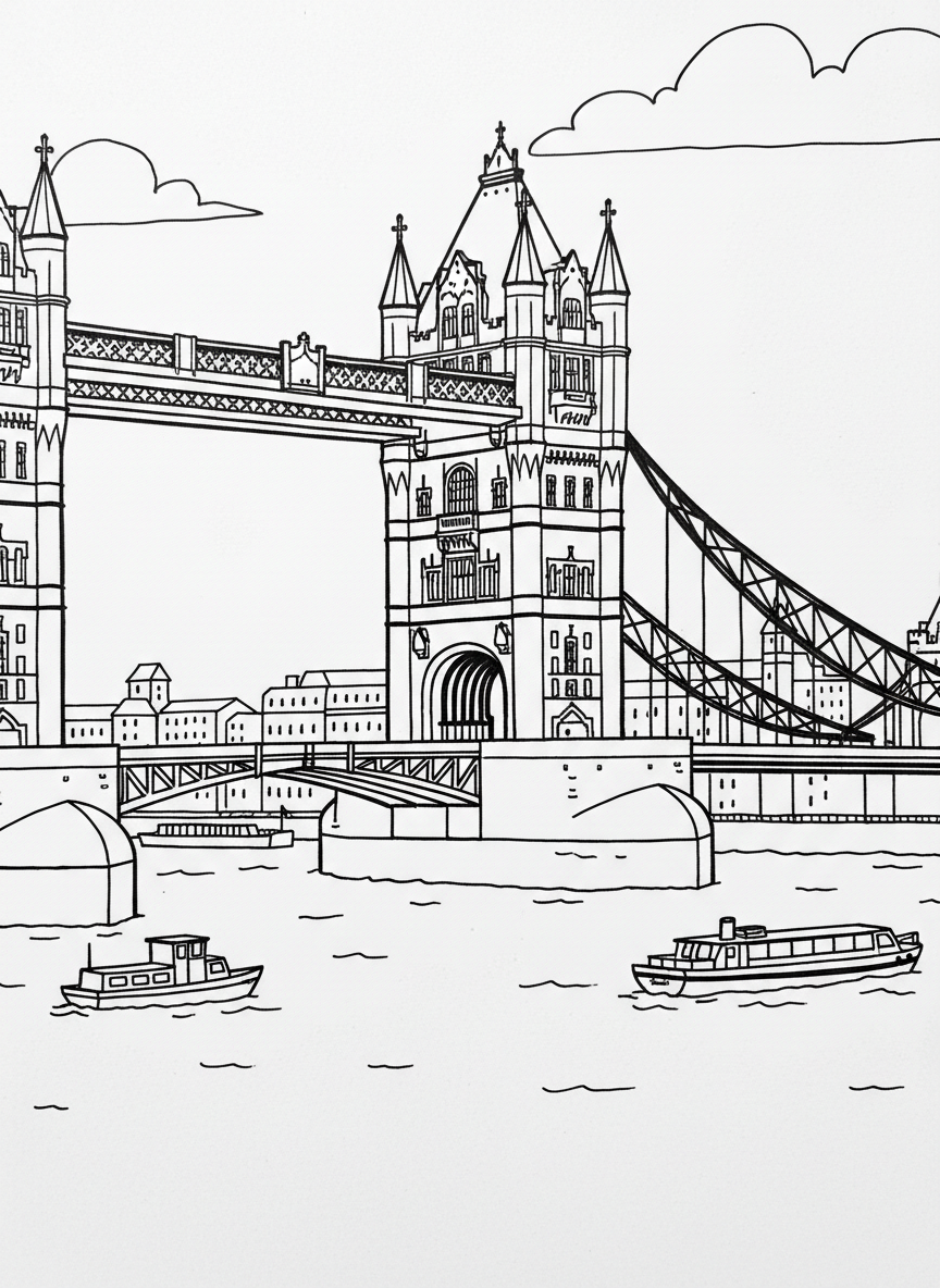 London Bridge with its twin towers and suspension cables, boats passing underneath on the Thames River.