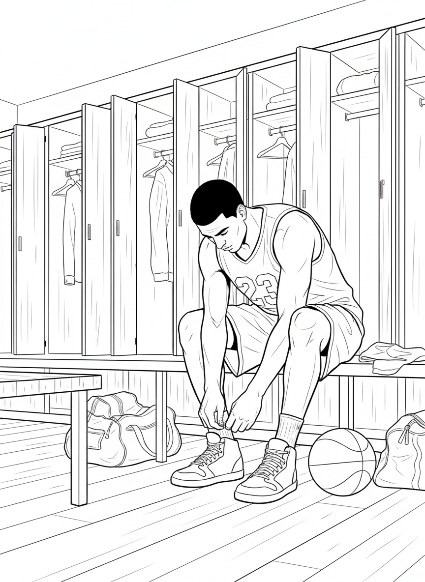 A basketball player sitting on the bench tying their sneakers, getting ready for the game, locker room or sideline setting.