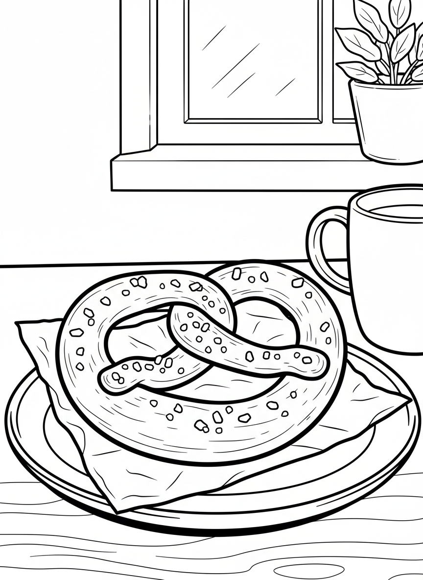 A soft pretzel shaped in a traditional twist with large salt crystals on top, shown on a simple plate or napkin.
