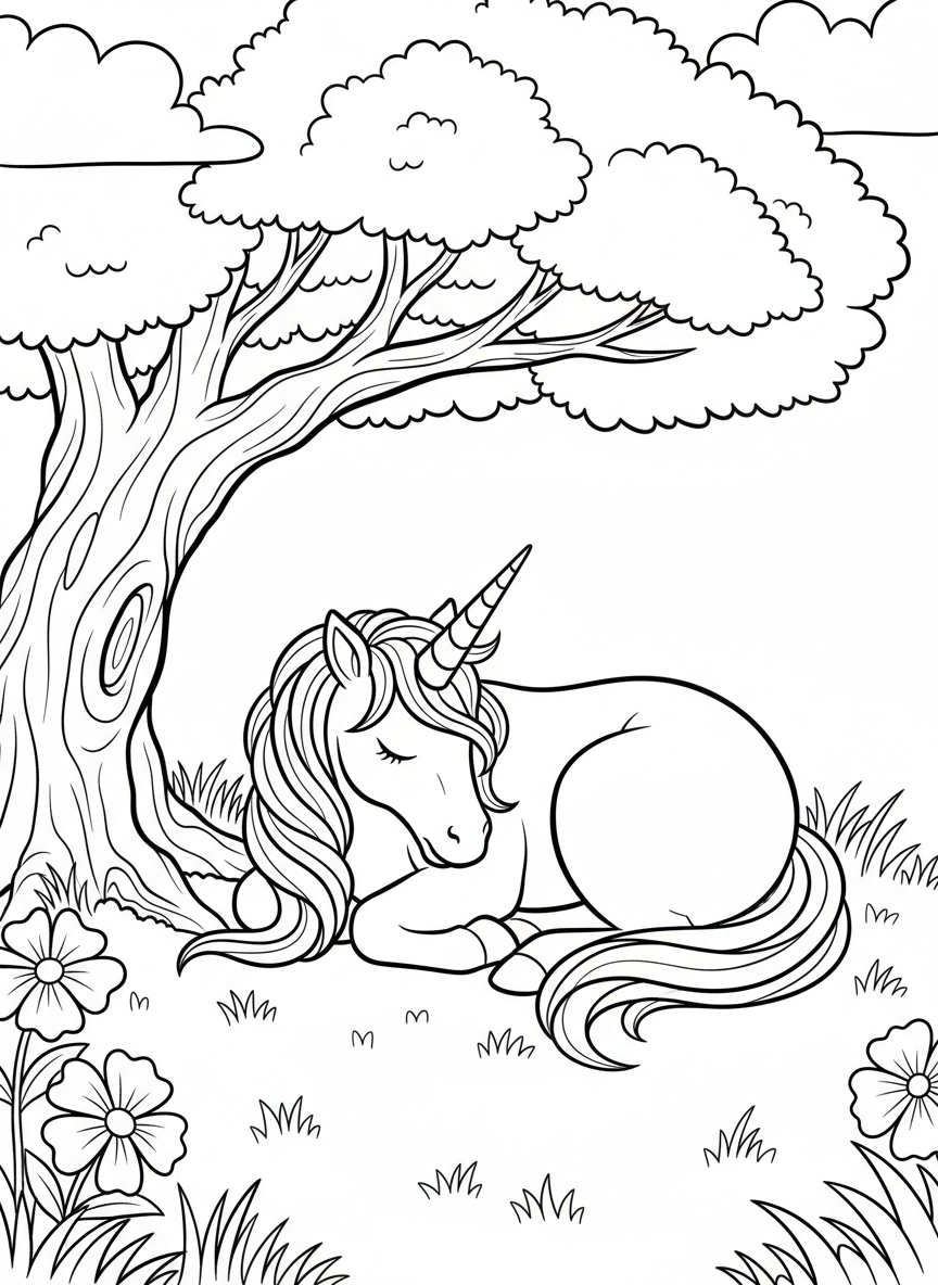 A sleepy unicorn lying down with eyes closed, curled up on soft grass under a tree, calm bedtime scene