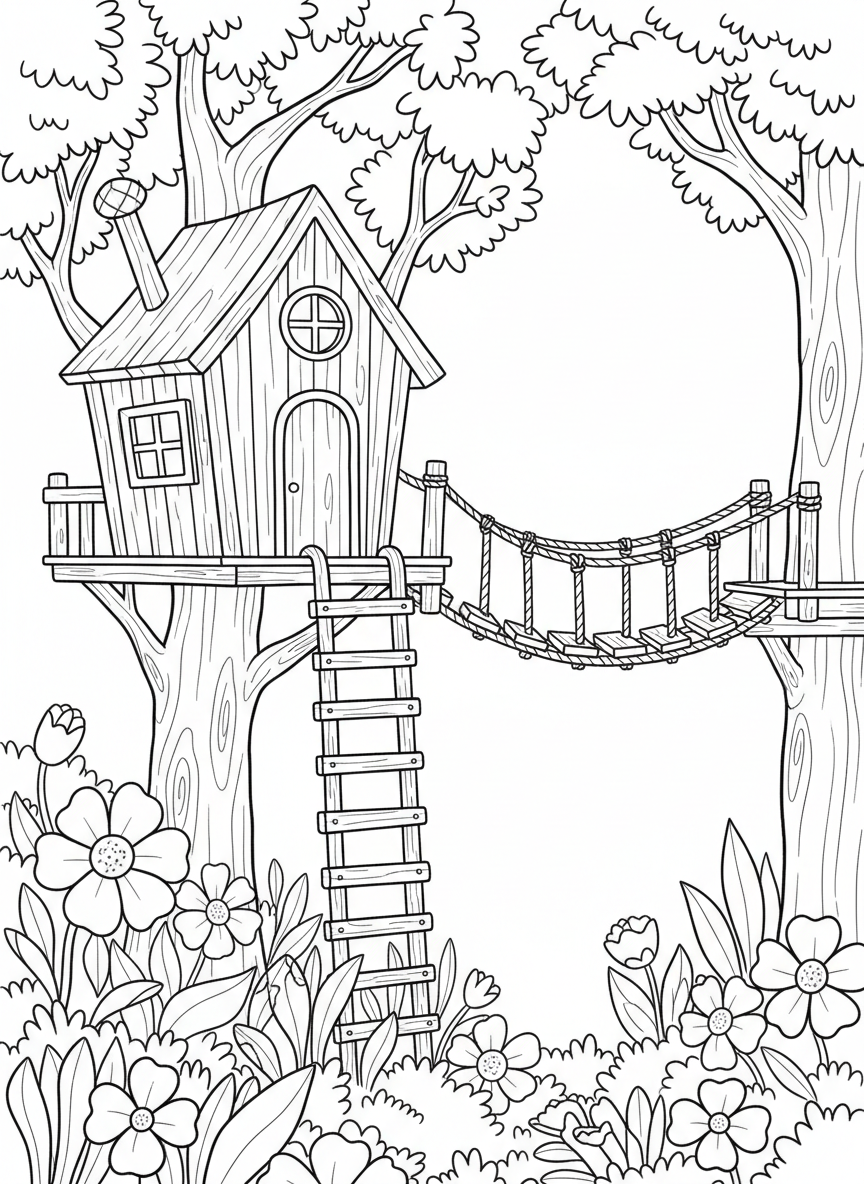 A cozy treehouse with a ladder and a rope bridge leading to a platform, flowers and bushes at the base of the trees