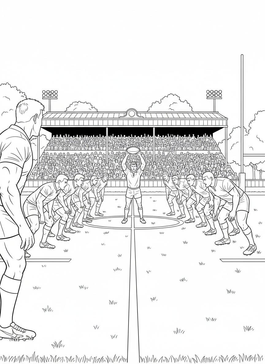 Two teams lined up facing each other before kickoff, players in ready stance, referee between them, detailed formation scene.