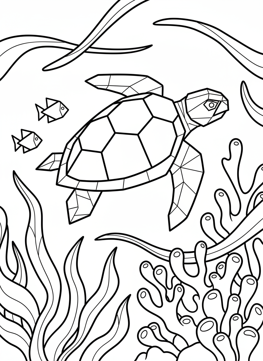 An origami sea turtle with a geometric shell pattern made of hexagonal and triangular folds, swimming peacefully