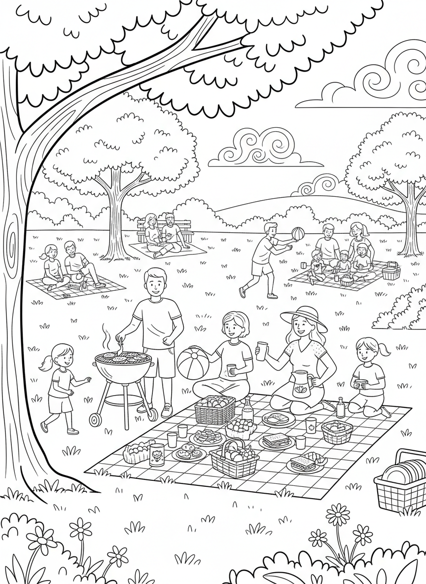 Labor Day Picnic coloring page prompts celebrating late-summer gatherings, relaxation, and seasonal transition.	A wide view of a park filled with small picnic gatherings spread across open space.
