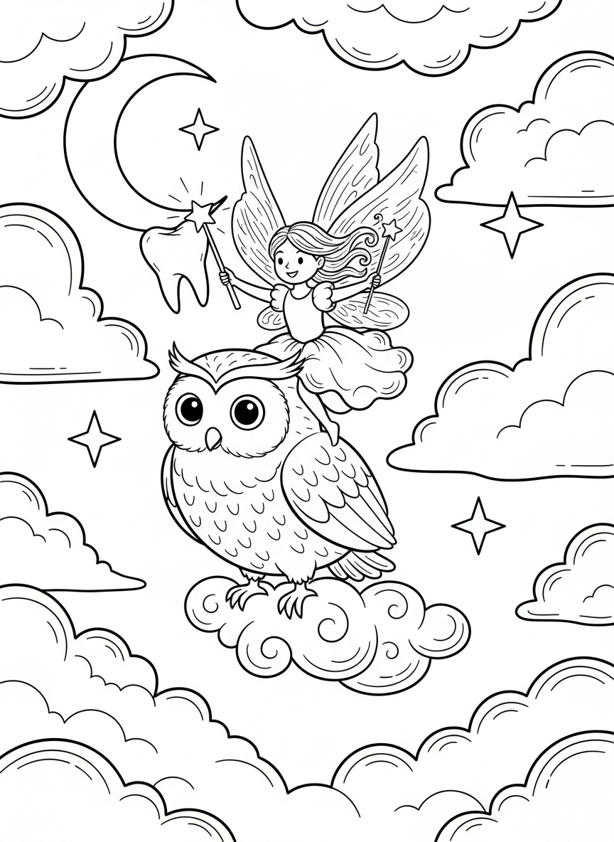 A tooth fairy riding on the back of a friendly owl through clouds at nighttime