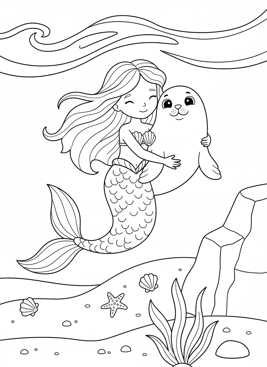Young mermaid hugging a friendly seal, with simple waves above and sandy ocean floor below decorated with scattered shells, easy coloring page for kids