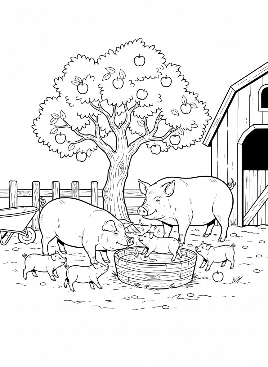 A pig family with piglets playing together near a water trough and apple tree in the farmyard.