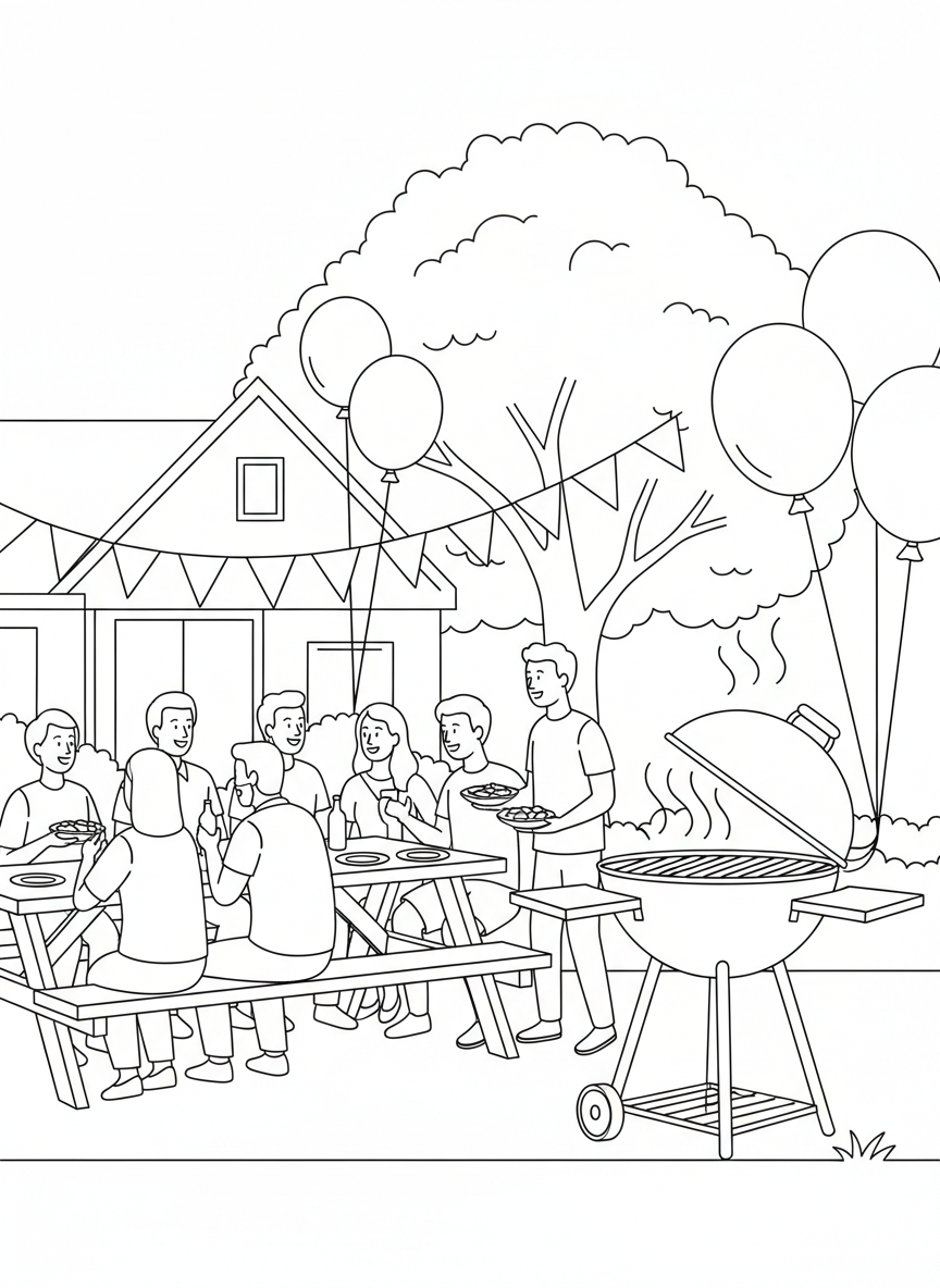 A backyard barbecue scene with a grill, picnic table, and decorations like bunting and balloons for a family gathering.
