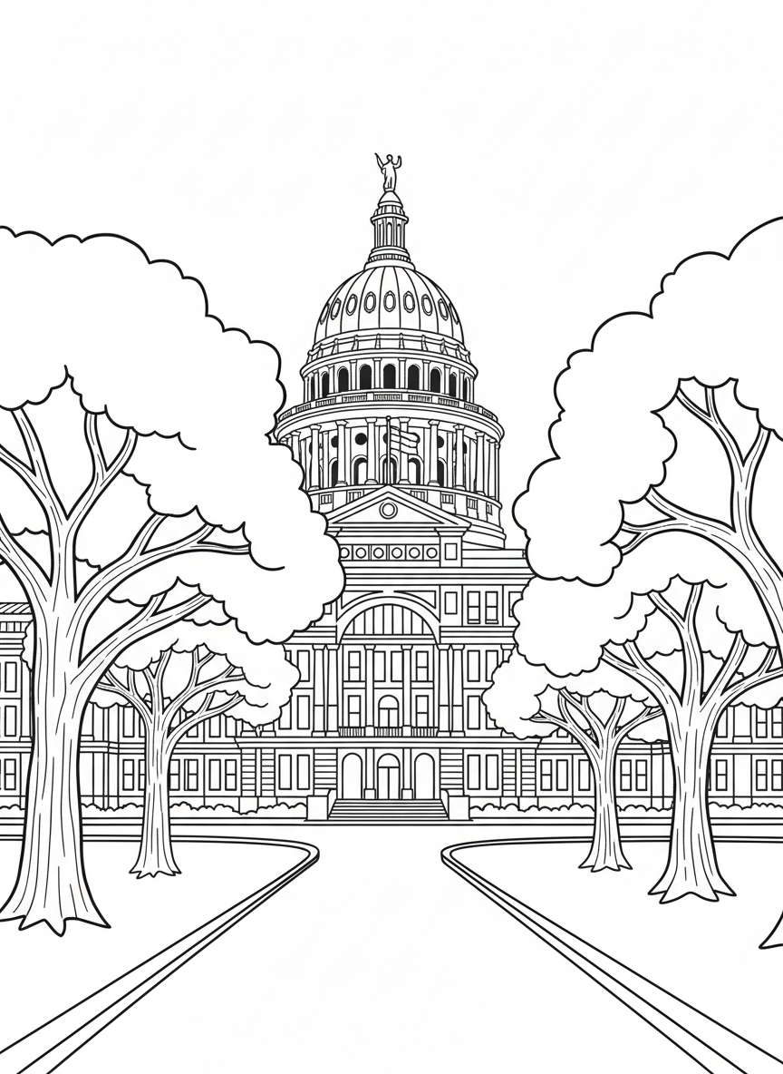 The Texas State Capitol building with its distinctive dome, surrounded by trees and a pathway, simple architectural details for coloring