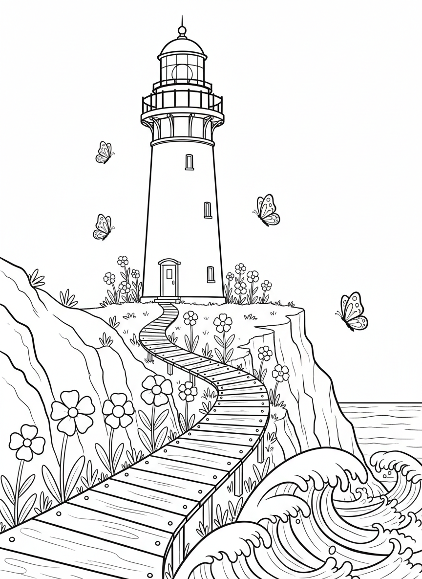 A lighthouse perched on a cliff with a wooden boardwalk leading to it, wildflowers growing along the path, and butterflies in the air