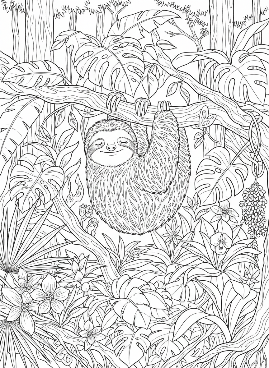 Wide rainforest canopy scene with a sloth in the center, surrounded by layers of leaves, branches, and tropical flowers