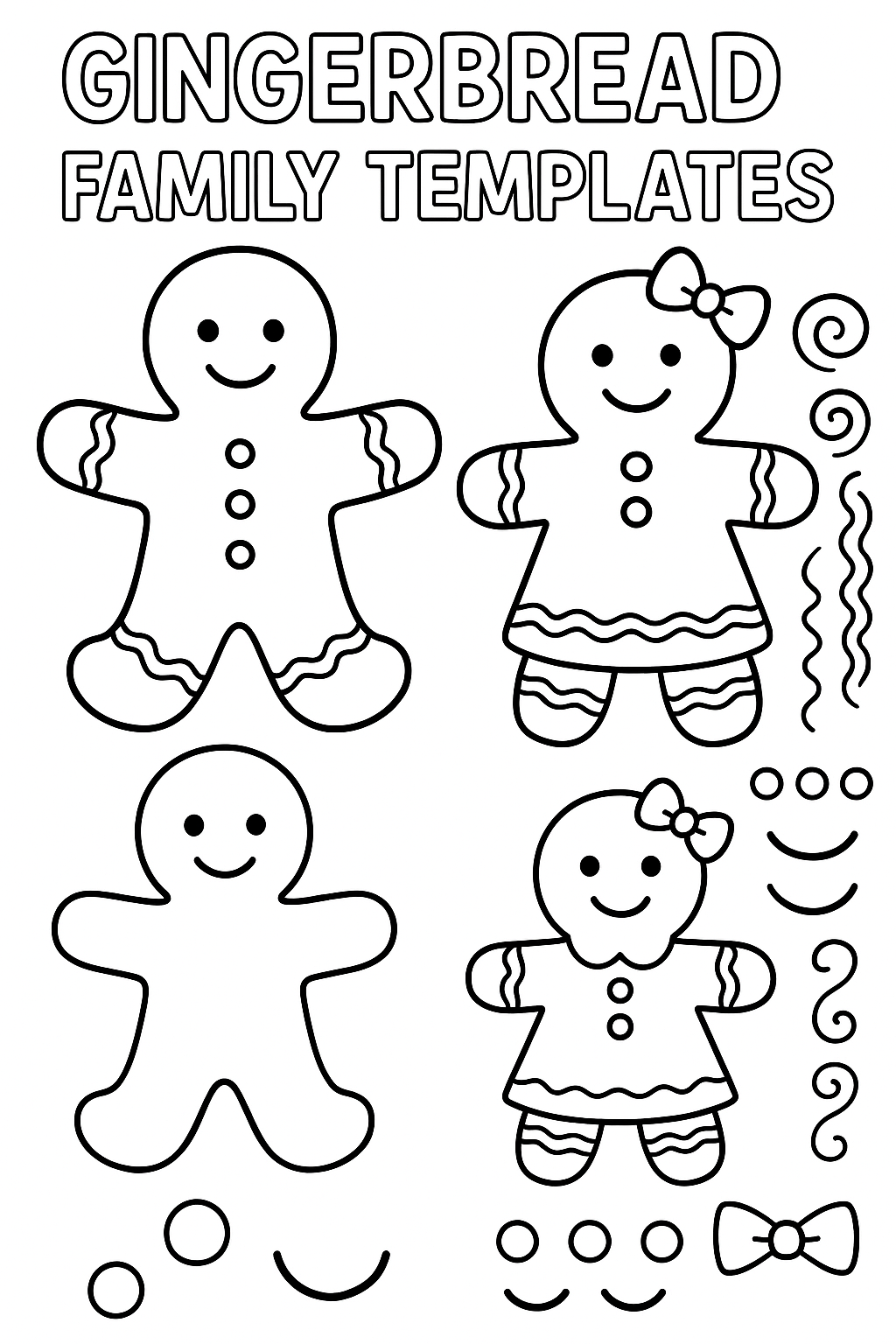 Gingerbread family coloring templates: man woman children shapes, decorating patterns (buttons, smiles, bow ties, dresses), icing swirl designs, thick outlines, multiple sizes on page for crafts