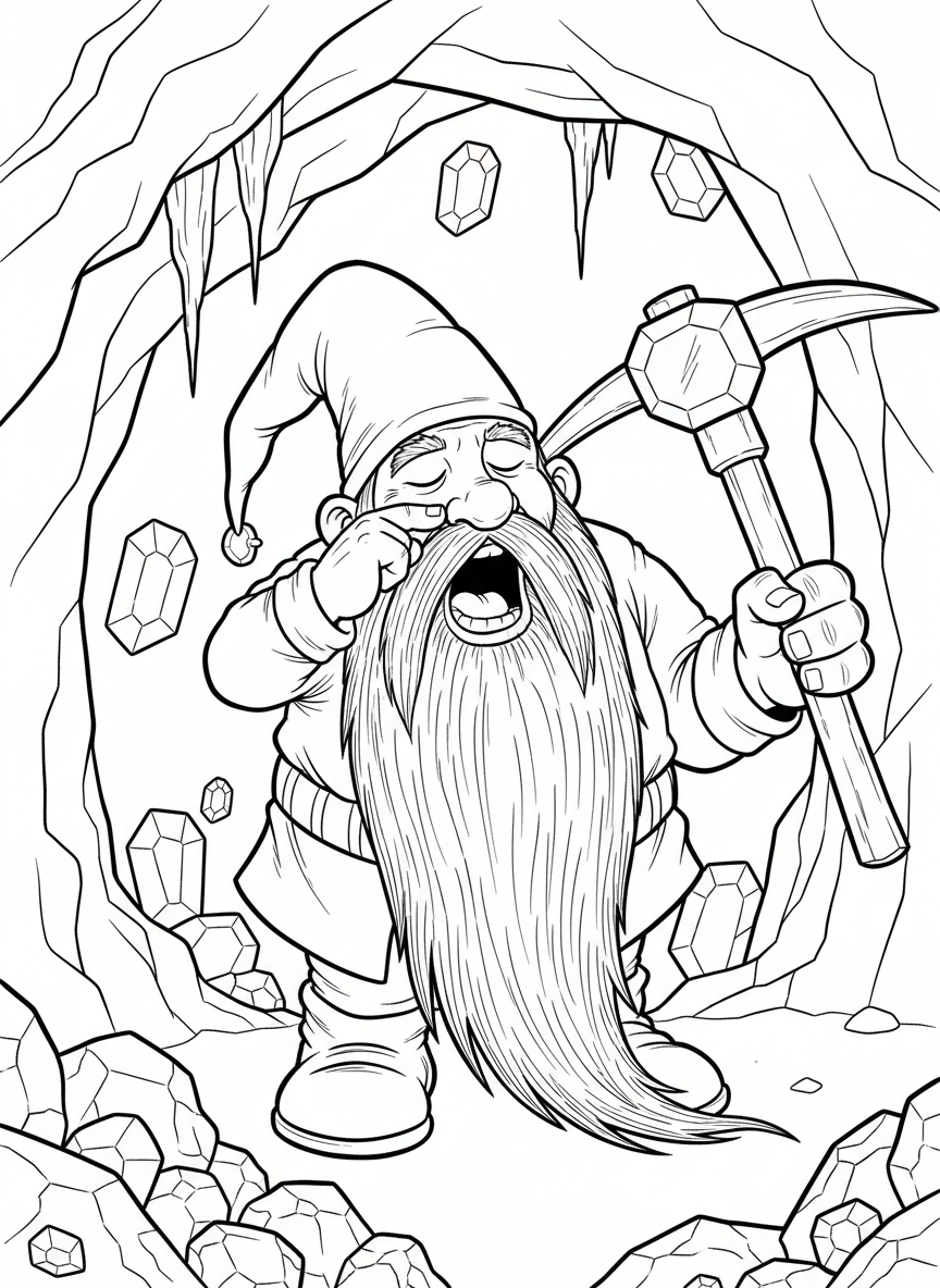 A sleepy dwarf with a long beard and pointed hat, yawning while holding a mining pickaxe in a gem-filled cave