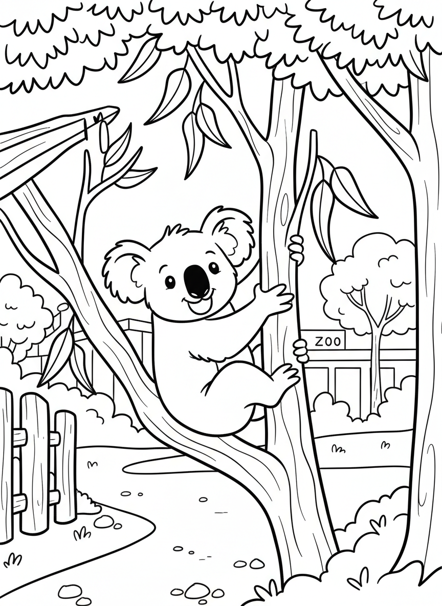 A cheerful koala hanging from a eucalyptus tree branch at the zoo with leaves and simple background details