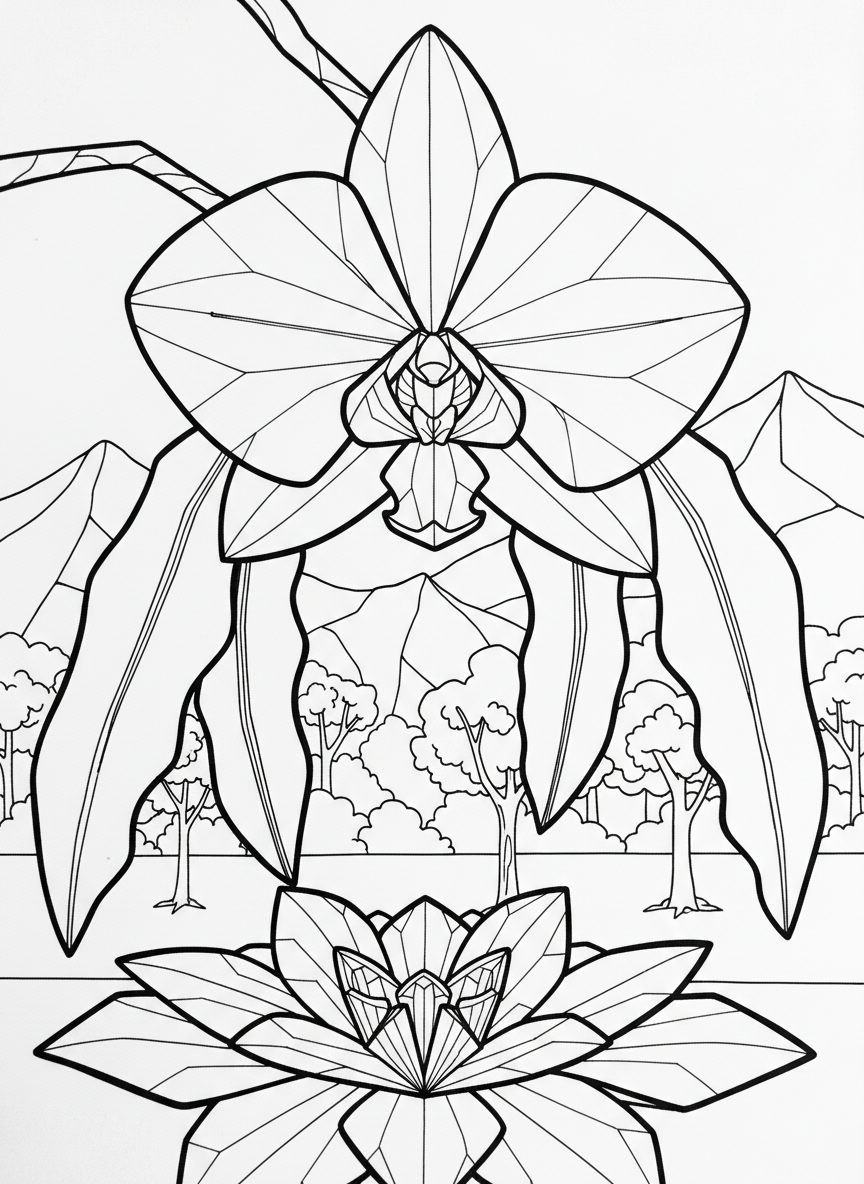 A complex origami orchid with curved petals showing intricate fold patterns, hanging leaves, detailed line art for older children.