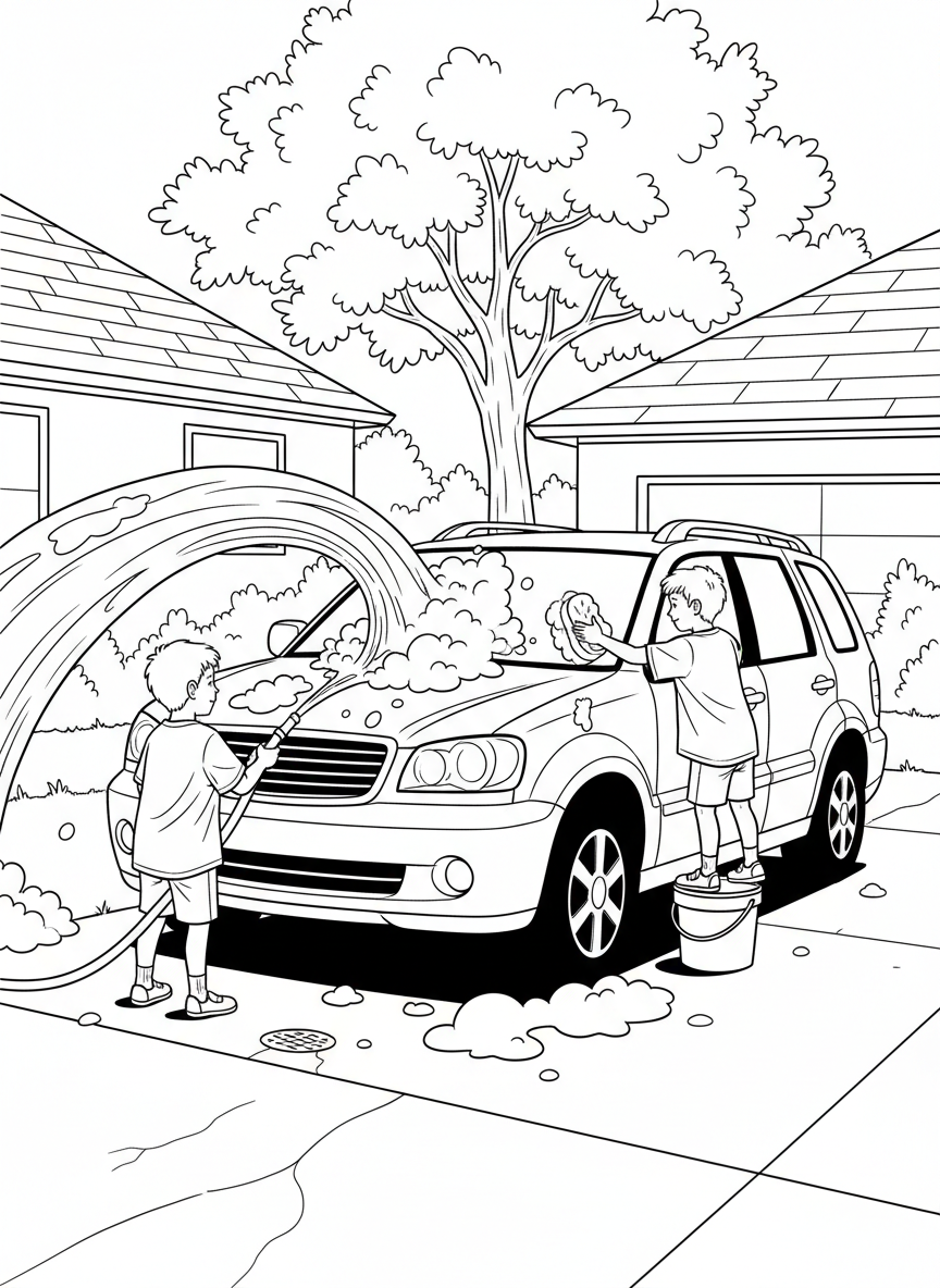 Kids washing a neighbor's car together in a driveway, spraying water with a hose and scrubbing with soapy sponges.
