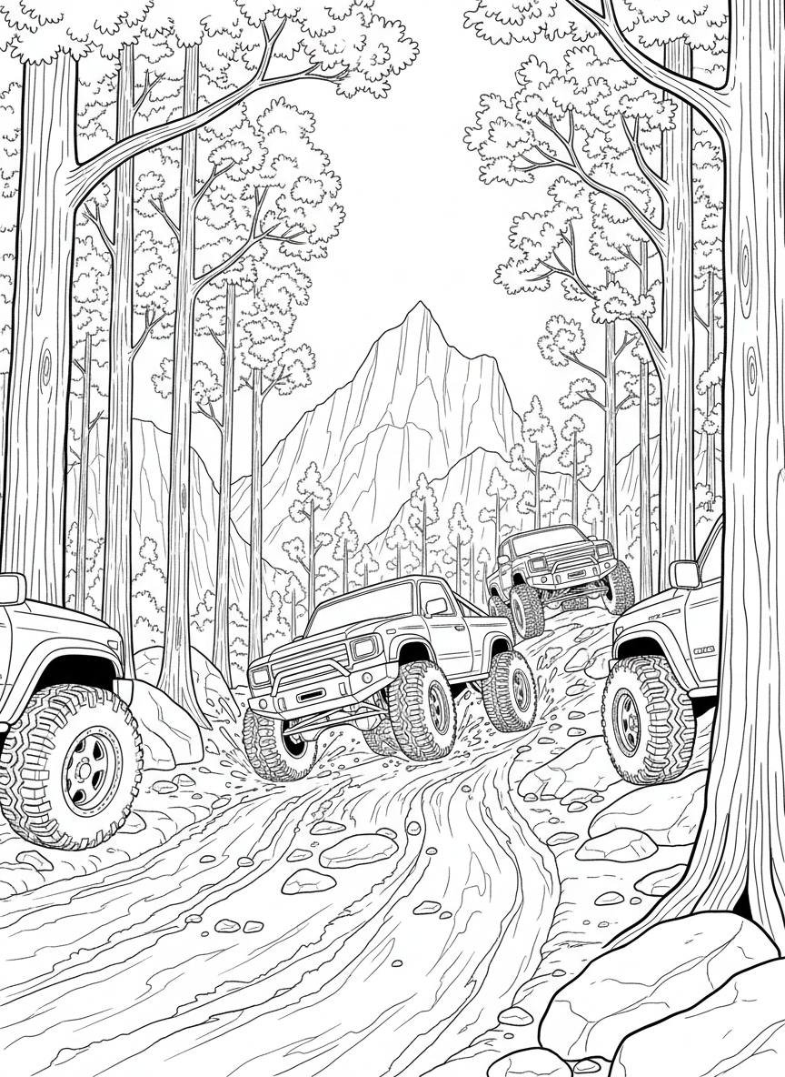 An off-road trail winding through forests and rocky hills where powerful trucks navigate steep terrain and muddy paths.