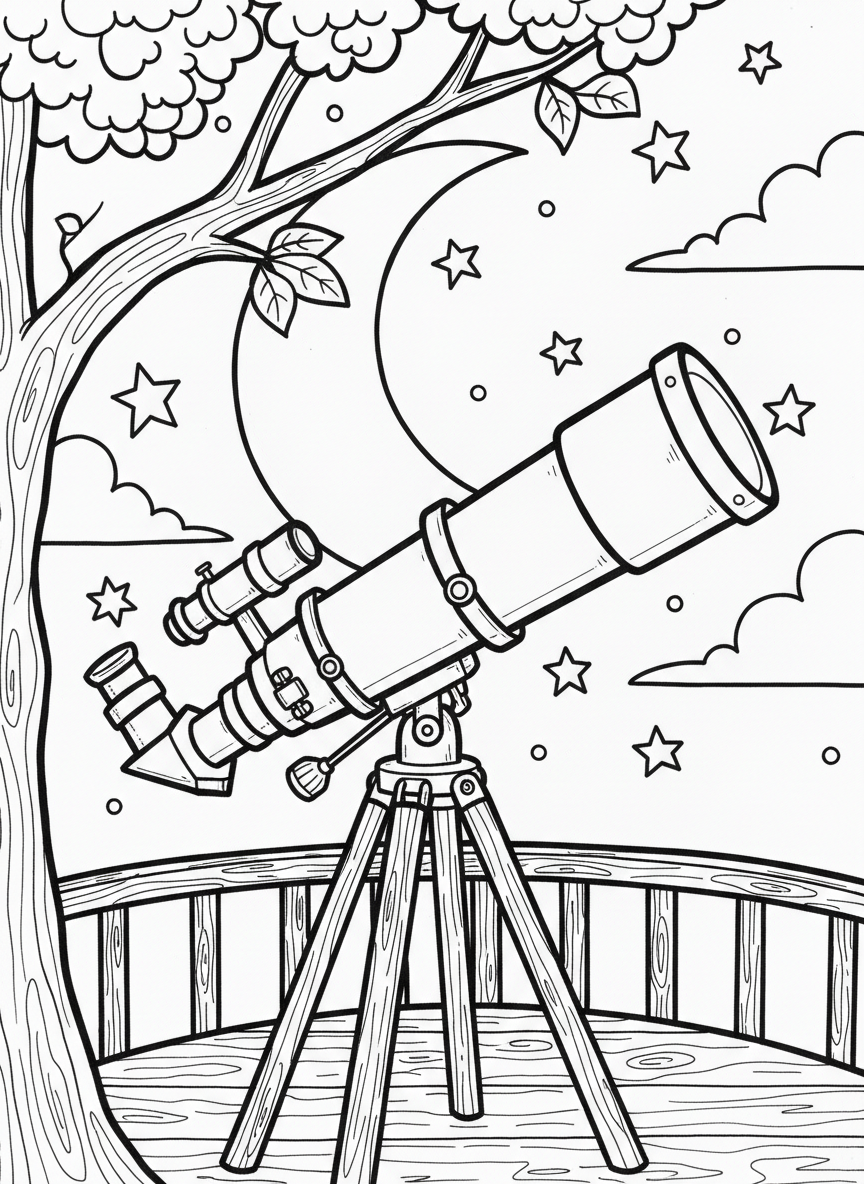 Close-up of a telescope on a treehouse deck with a crescent moon and stars visible in the background sky.