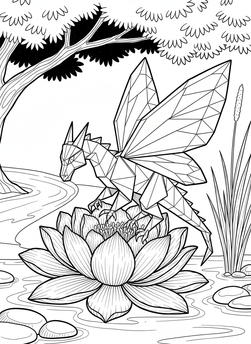 An origami dragon with butterfly-like geometric wings landing on a flower, combining delicate paper-fold patterns with nature elements.