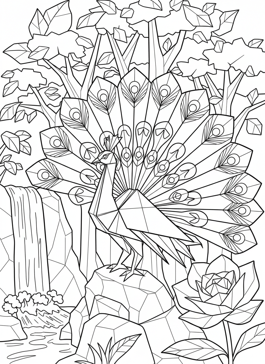A majestic origami peacock with an elaborate fan tail, displaying intricate fold patterns and feather details in the spread plumage.