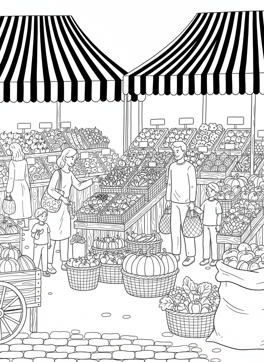 A farm market scene with fresh fruits, vegetables, baskets, and families shopping beneath striped canopy tents.