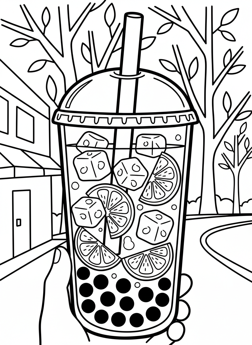 Overhead view of a bubble tea with ice cubes, lemon slices, and boba pearls creating a circular pattern inside