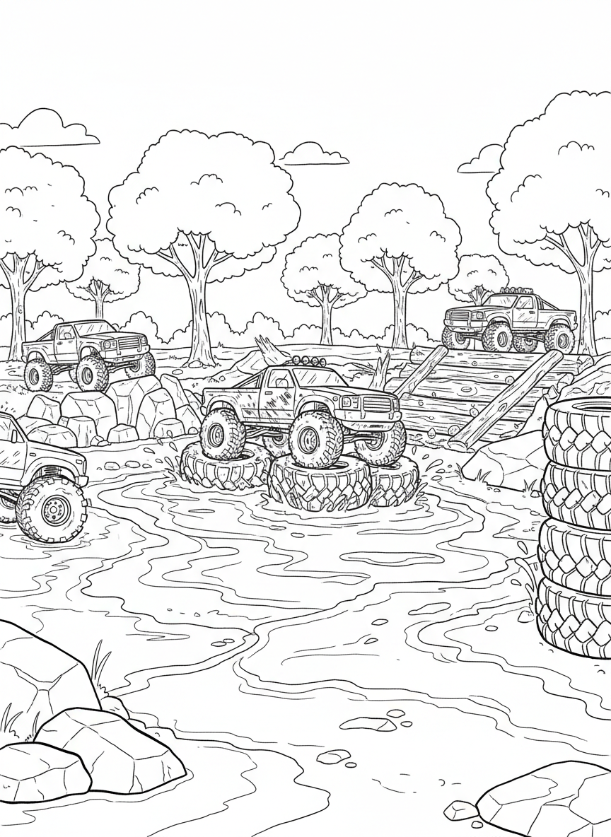 A muddy obstacle course where trucks climb over giant tires, logs, and rocky barriers during an outdoor challenge.