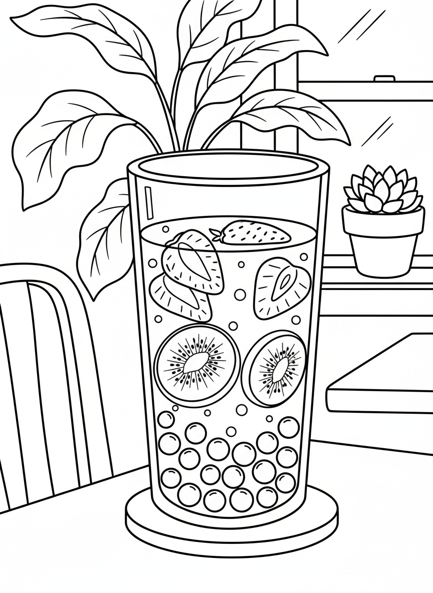 A tall glass of bubble tea with strawberries, kiwi slices, and tapioca pearls floating inside, shown from the side view